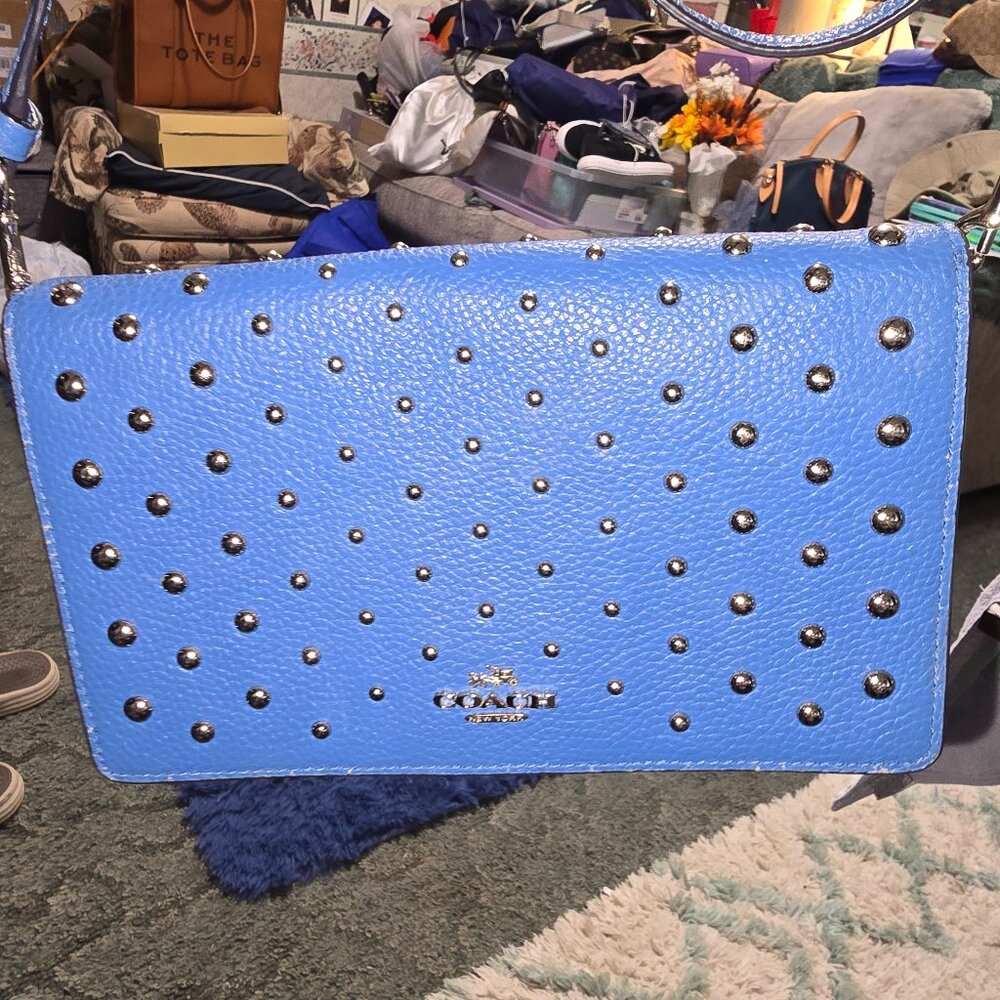 Coach Pebbled Ombre Rivet Foldover Crossbody Lapis Blue 57863